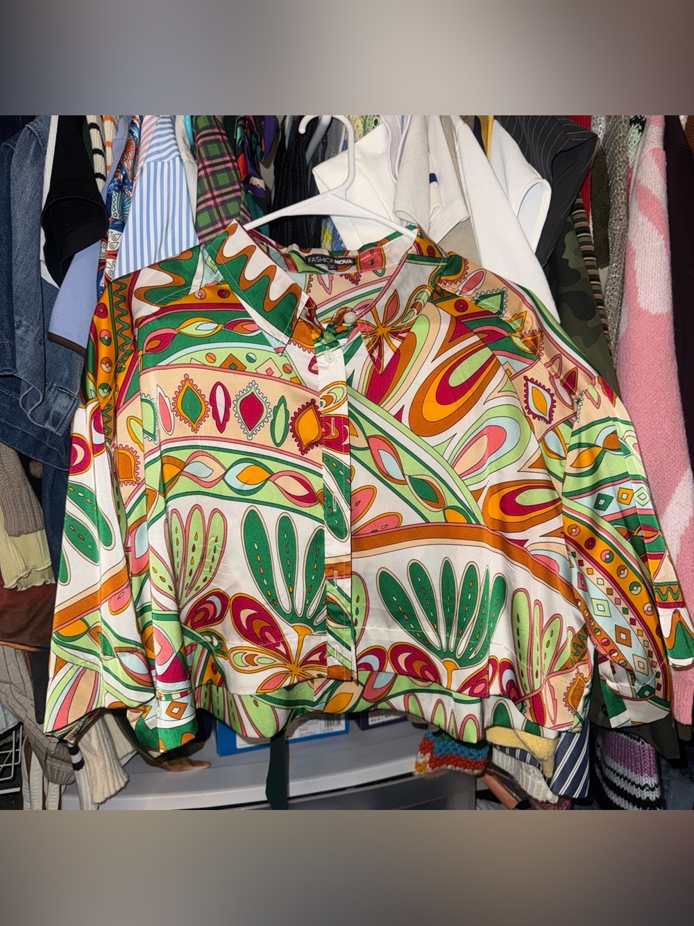 Fashion Nova White Green Orange Multi-Print Button Crop Shirt
